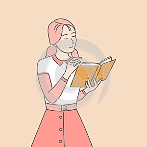 Girl reading paper book vector cartoon illustration. Woman enjoying novel outline concept.