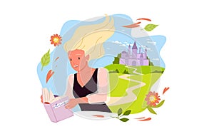 Girl reading paper fantasy story book about castle in fairytale medieval kingdom