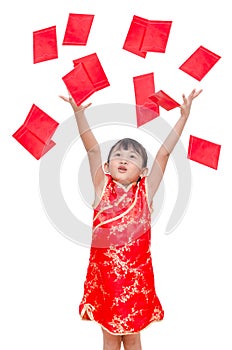 Girl receive red packet money from above