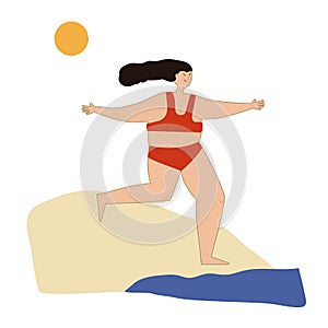 Girl in a red bikini on the beach. Young athletic woman on the seashore, running into the water, swimming in the sea, happy active