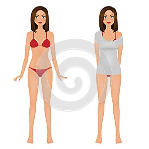 girl in red bikini and Young woman in gray t-shirt. vector illustration.