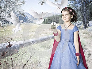 Girl in red cape holding crystal ball