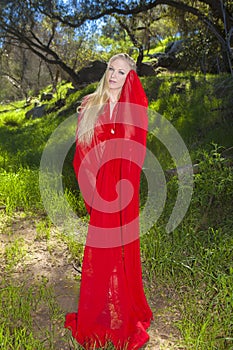 Girl in red chiffon outdoors