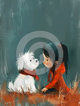A girl in red coat with her white dog playing happily