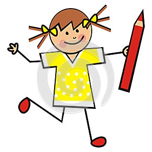 Girl and red,crayon, happy kid, vector illustration