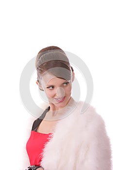 Girl in red dress and fur coat
