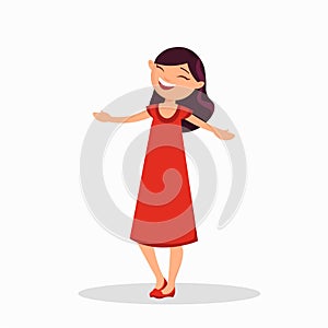 Girl in a red dress is laughing, cartoon character isolated on white background. Happy girl in casual style vector flat