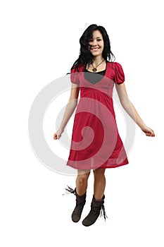 Girl in red dress smiling isolated