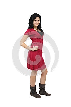 Girl in red dress smiling isolated