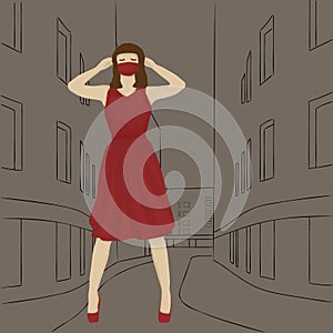 Girl in a red dress stands on the street wearing a mask