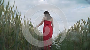 A girl in a red dress is walking along the field. A girl in a red dress is walking in the park. Slow motion