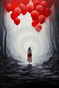 Girl in red dress is walking through dark forest with red balloons. Generative AI