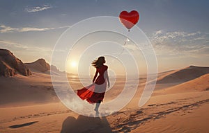 girl in red dress walking on desert looking for love