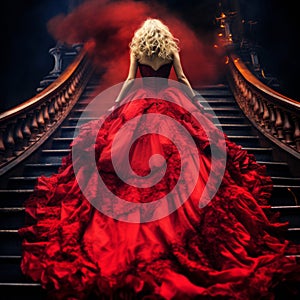 A girl in a red evening dress walks up the stairs in a boroque style with red fog