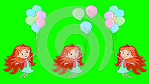 A girl with red hair flies on balloons