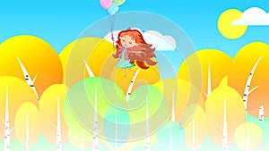 A girl with red hair is jumping with balloons