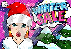 Girl in the red hat of Santa Claus with Winter Sale message in pop art comics style.