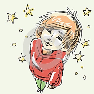 Girl in red hoodie and green jeans looking at stars