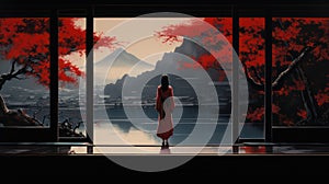 Girl in red kimono on background of Japanese landscape. Generative AI