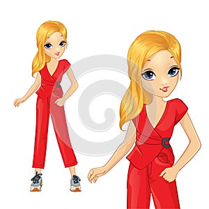 Girl In Red Pantsuit And Big Sneakers photo