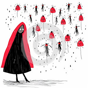 Girl In Red With Red Cloak Amongst Bugs And Rain