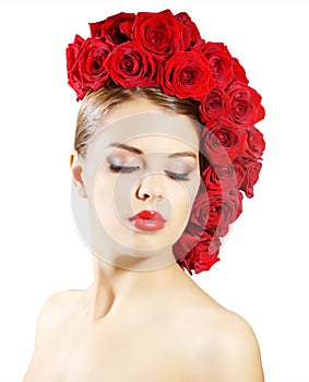 Girl with red roses hairstyle isolated on white