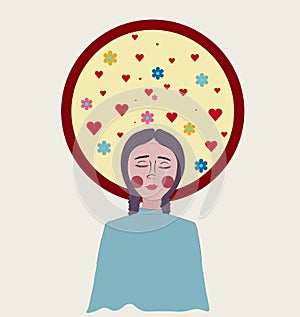 Girl with red round cheeks. Circle around head full with flowers and hearts