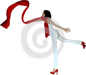 Girl with a red scarf and shoes running in love