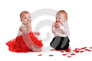 Girl red skirt hat and boy hat, love, Valentine's Day