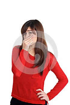 Girl in red with smelly gesture