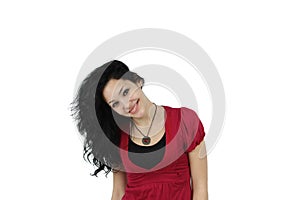 Girl in red smiling isolated