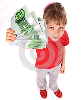 Girl in red sport t-shirt with money.