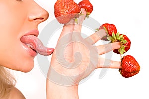 girl with red strawberry isolated on white