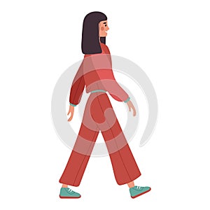 The girl in the red suit is walking. Woman on the move.