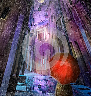 The Girl with  red umbrella in dark street in rainy night , wet street, walpaper, background fantasy world