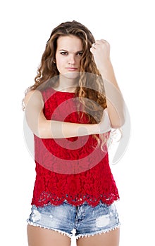 Girl in red umbrella rude gesture