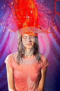 Girl red water explotion head photo