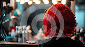 A girl in a red wig. The actress is preparing to go on stage.