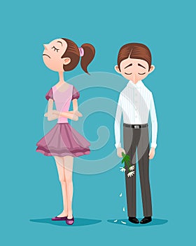 Young woman refused to go on a date with boyfriend. Upset boy standing with bowed head, holding bouquet of broken crumbled flowers