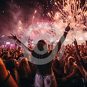 girl rejoices at a concert and fireworks , generated by AI