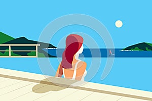 Girl relax in swimming pool on seaside flat vector