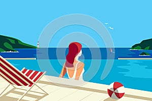 Girl relax in swimming pool on seaside flat vector