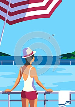 Girl relax in swimming pool on seaside flat vector