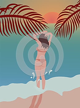 Girl relaxing at the beach, looking at ocean. Wearing swimsuits