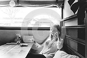 Girl Relaxing Coffee Cellphone Chill Concept