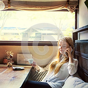 Girl Relaxing Coffee Cellphone Chill Concept photo