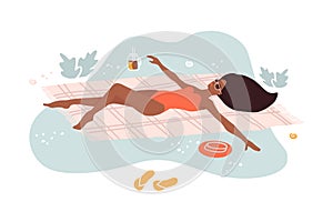 Girl relaxing and sunbathing in grass  summer time. Top view of young woman in swimwear. Flat vector illustration.