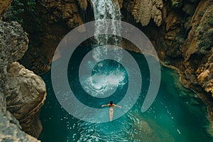 Girl relaxing in water under a tropical waterfall