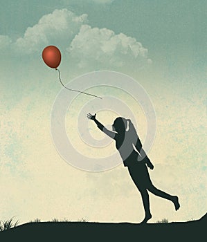 A girl releases a red helium balloon into a colorful sky