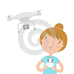 Girl with remote controlling aerial drone.